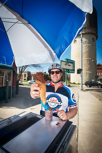 Rob Hess serving up Go! Ice Cream from his 1946 Worksman tricycle