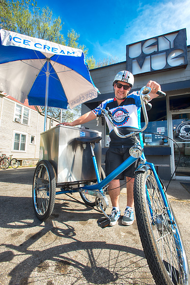 Rob Hess and his ice cream bike in front of the Ugly Mug