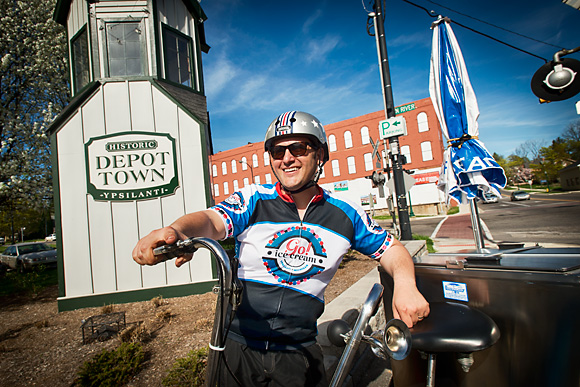 Rob Hess and his ice cream bike in Depot Town