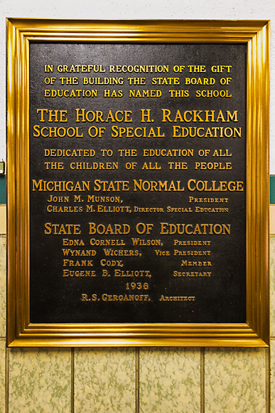A plaque commemorating the opening of Rackham Hall at Michigan State Normal College