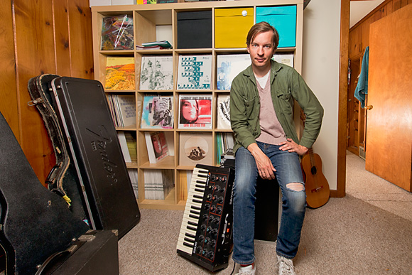 Fred Thomas in front of some of his label releases