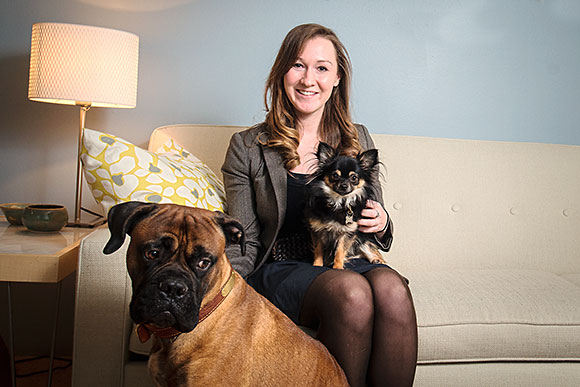 Kristin Bernstein with Titan and Krumm in her East Ann Arbor apartment