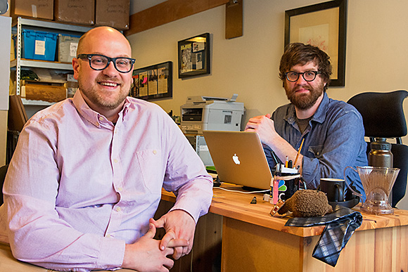 Jeremy Peters with his brother Brian at the Ghostly International office at the Tech Brewery