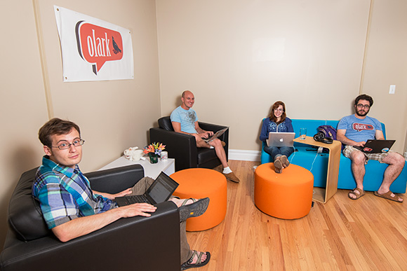 Zach Steindler, Nick Oliverio, Madalyn Parker and Brandon Dimcheff at the Olark offices