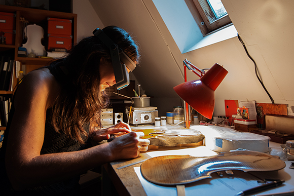 Sharon Que in her violin restoration shop