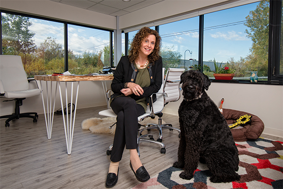 Sassa Akervall with her dog Stella at Akervall Technologies
