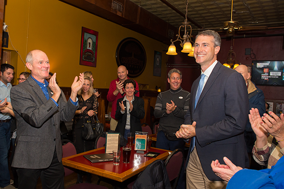 Former Mayor John Hieftje congratulates Chris Taylor on election night