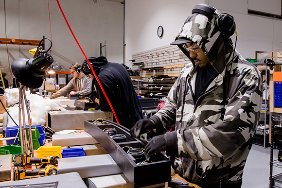 Sound Bars on the assembly line at Leon Speakers