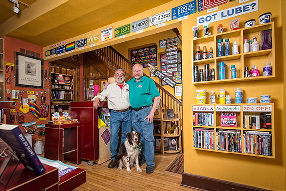 L to R Martin Contreras and Keith Orr with their dog Duke at Common Languarge Bookstore 