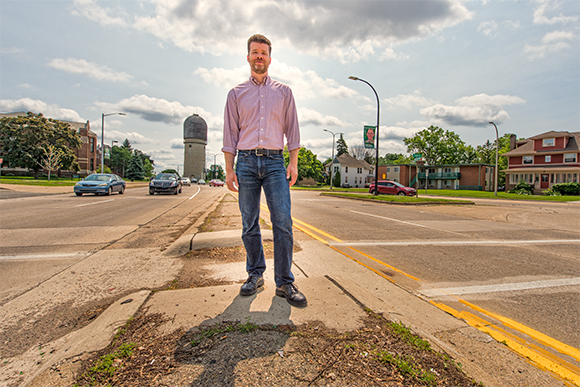 Nathan Voght at the site of a future improved crossing on Washtenaw