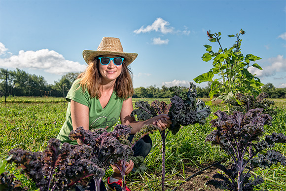 Dynelle Mackey picking kale at Tilian Farm