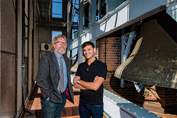 L to R Michael Kondziolka and Jim Leija of UMS at the Charles Baird Carillon 