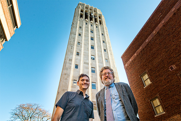 L to R Jim Leija and Michael Kondziolka of UMS at the Burton Memorial Tower