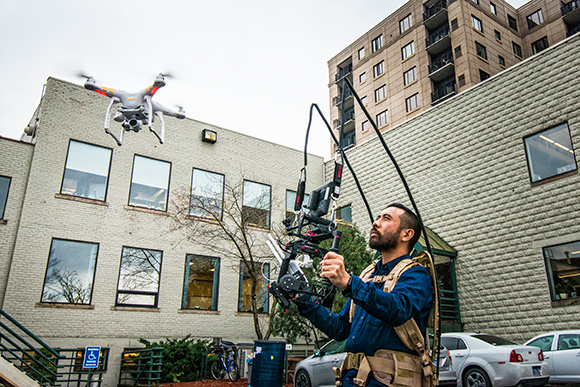 Rik Cordero flying a video quadcopter outside of Duo Security offices
