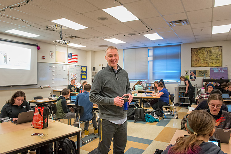 Saline High School teacher Jamie Volrath with one of his zine classes