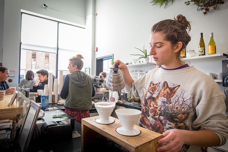 Sara Cusack making a pour over at Lab Cafe