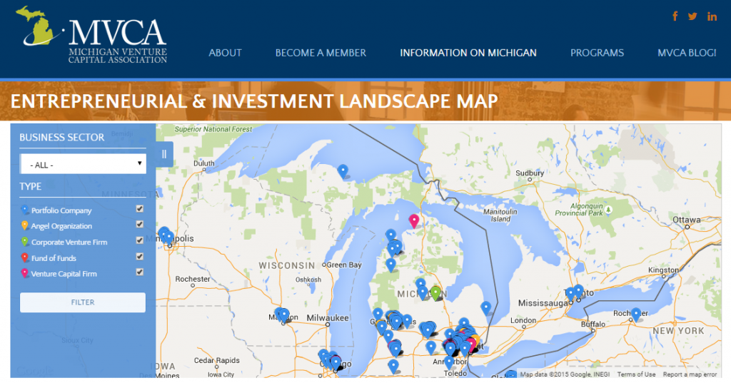The Michigan Venture Capital Association's map of entrepreneurial resources in Michigan.