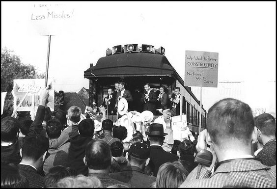 John F. Kennedy speaks from the back of a train in Ann Arbor in 1960.