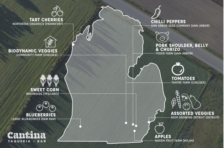 A map showing some of the locally sourced ingredients on BTB Cantina's new menu.