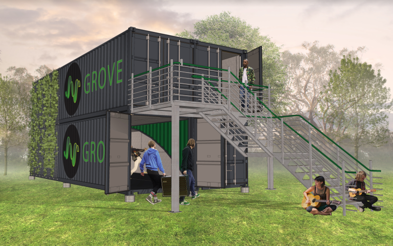 Conceptual renderings for Grove Studios' shipping container studio spaces.