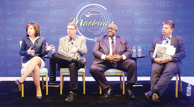 WCC President Dr. Rose B. Bellanca (left) is joined onstage at the Mackinac Policy Conference by (from left) Roger Curtis, director of the Michigan Department of Talent and Economic Development; Dr. Curtis Ivery, chancellor of Wayne County Community 