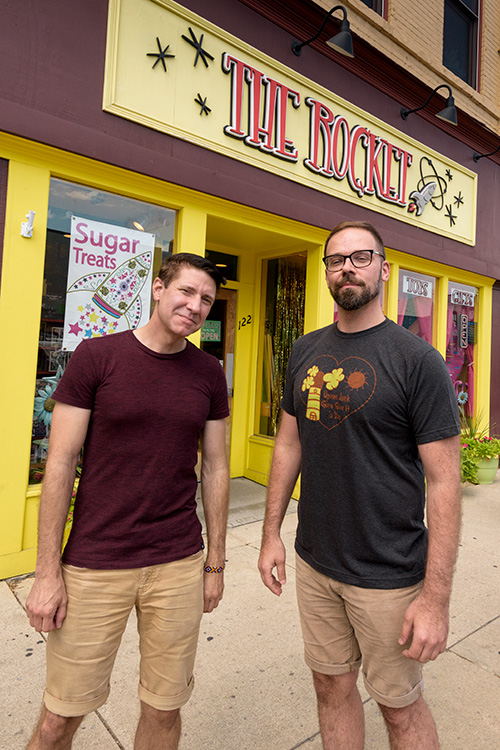 Owners Paul Balcom and Eli Morrissey at The Rocket Candy & Novelties