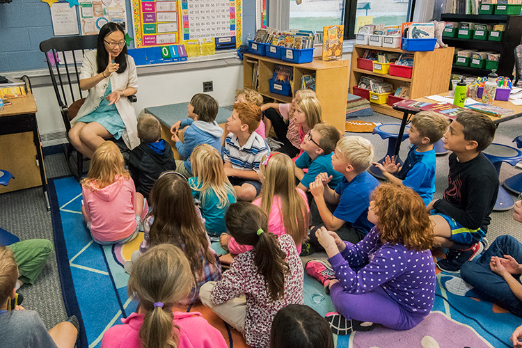 Yolanda Luo teaching Mandarin at Bates Elementary School in Dexter