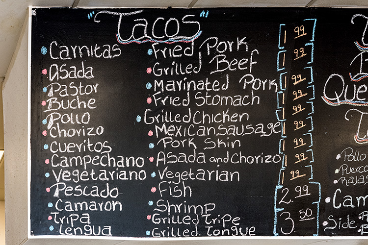 La Torre's taco menu.