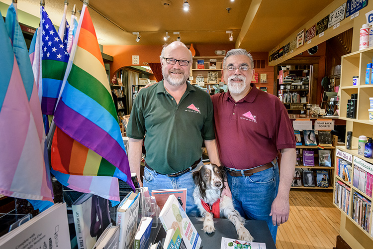 L to R Keith Orr and Martin Contreras with Duke at Common Language Bookstore