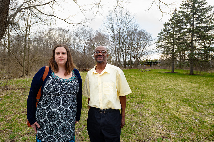 Erin Snyder and Michael Simmons at the former location of a home on Kramer Street