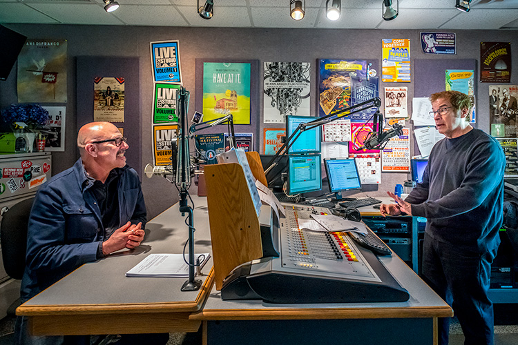 L to R Author Michael Zadoorian interviewed by author Martin Bandyke at ann arbor's 107one studios