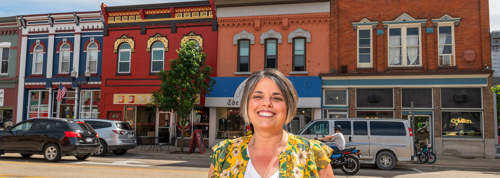 Milan Main Street Director Jill Tewsley in downtown Milan