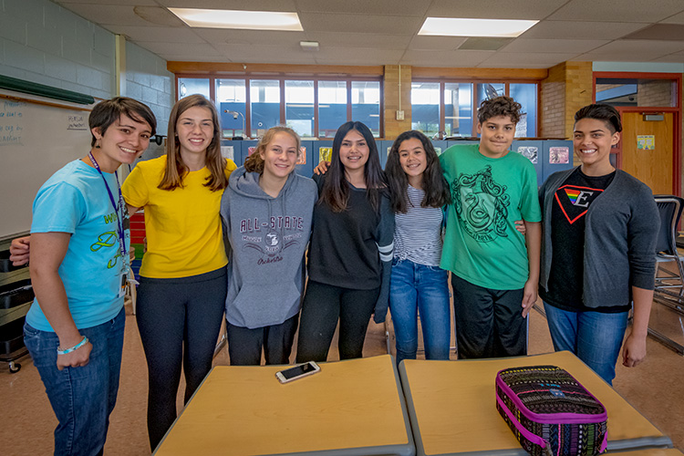 Washtenaw WiHi teachers Joslyn Hunscher-Young (far L) and Denae Henson (far R) with students