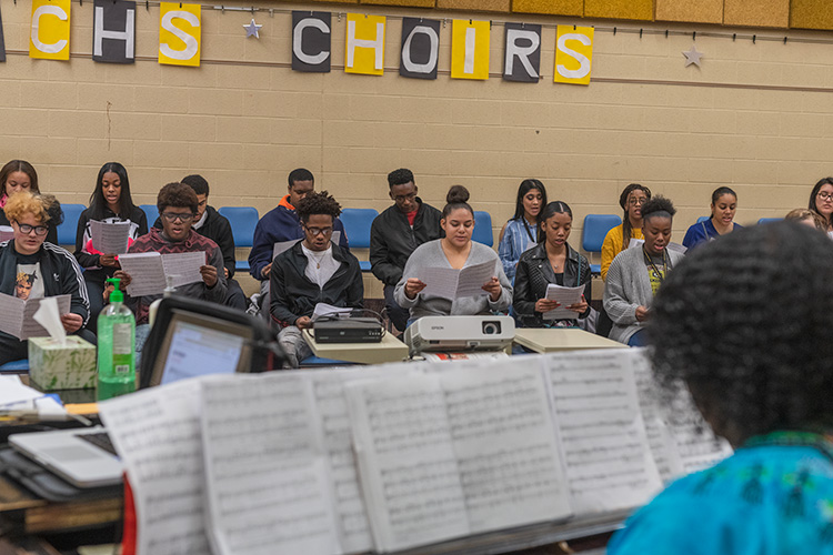 YCHS Choir Teacher Crystal Harding with her first period class