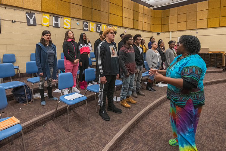 YCHS Choir Teacher Crystal Harding with her first period class