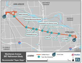 Map showing proposed limited stops for an express bus route between Ann Arbor and Ypsilanti.