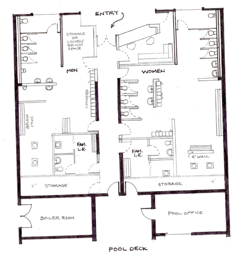 Architectural drawing of the bathhouse's proposed interior.