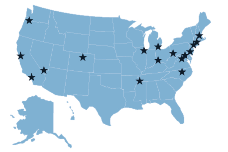 A map from the study showing cities with high concentrations of women-founded startups.