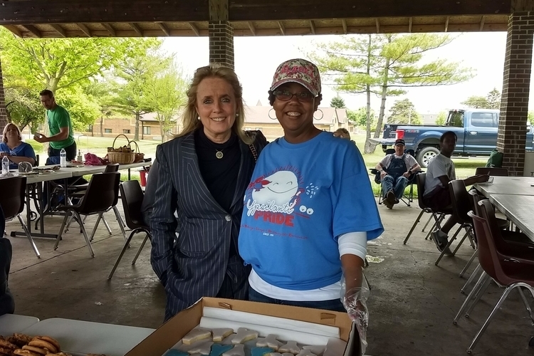 U.S. Rep. Debbie Dingell with A2Y Chamber business development and membership director Rosalind Vaughn at last year's Ypsi Proud cleanup day.
