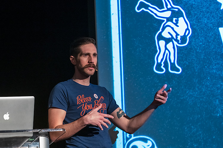 Justin Nottke of Olde Wrestling at the Do (something) conference at Riverside Arts Center.