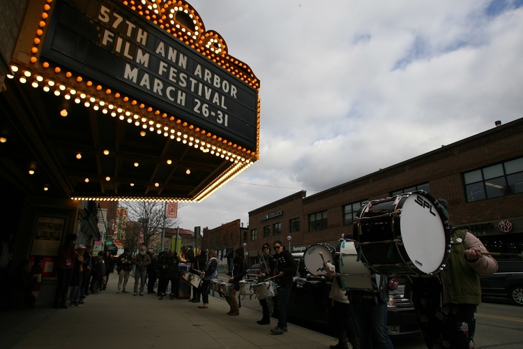 A crowd gathered outside the Michigan Theater on Awards Night for the Ann Arbor Film Festival, heralded by Bitch, Thunder, an all-female party drum line from Toledo, Ohio.