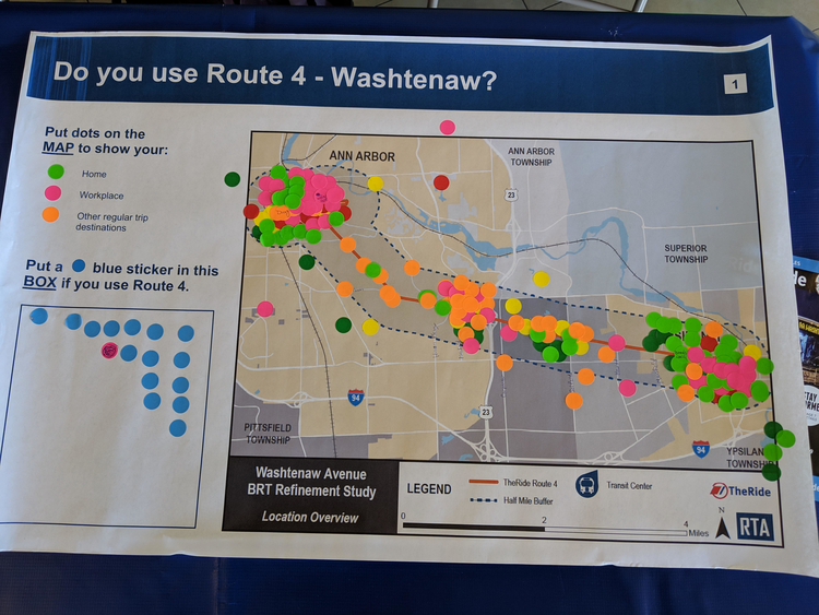 Feedback session participants placed colored stickers indicating where they live, work, and make frequent stops along the Washtenaw Avenue corridor.