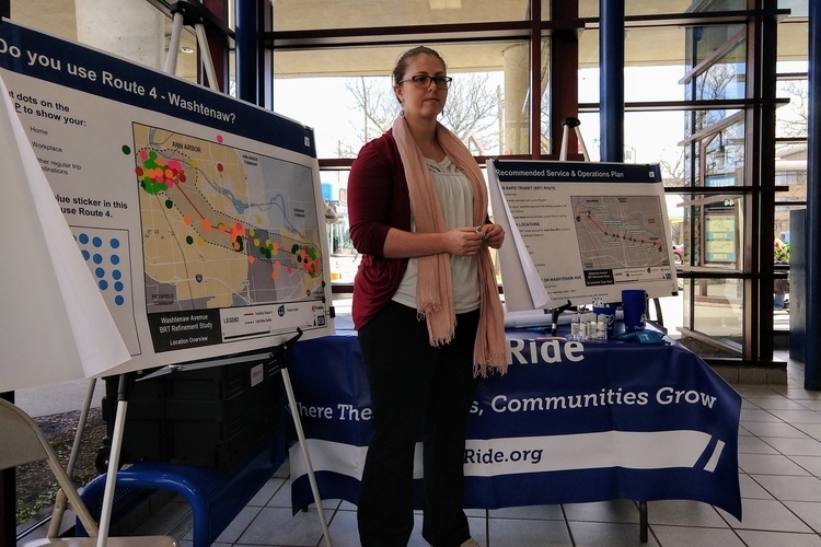 AAATA planning and innovation project lead Julia Roberts speaks at a public feedback session in Ypsilanti.