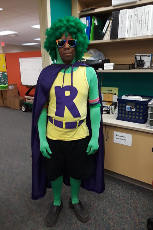 T.C. Collins dressed up as the superhero Reggie the Veggie.