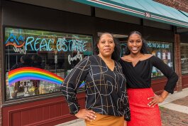Candye Hinton and her daughter Kayia Hinton outside of Hinton Real Estate in downtown Ypsilanti.