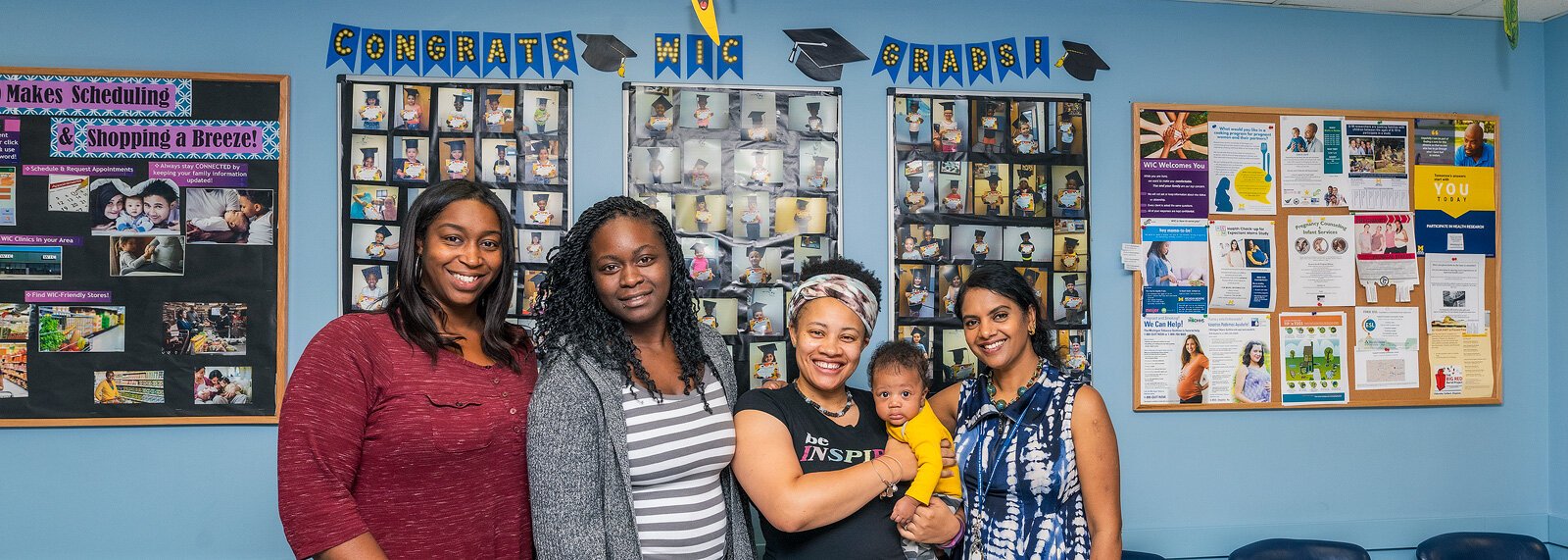 Ronda Tredway, Dera Williams, Najma Treadwell with son Jahleel, and Gayathri Akella at the Washtenaw WIC office.