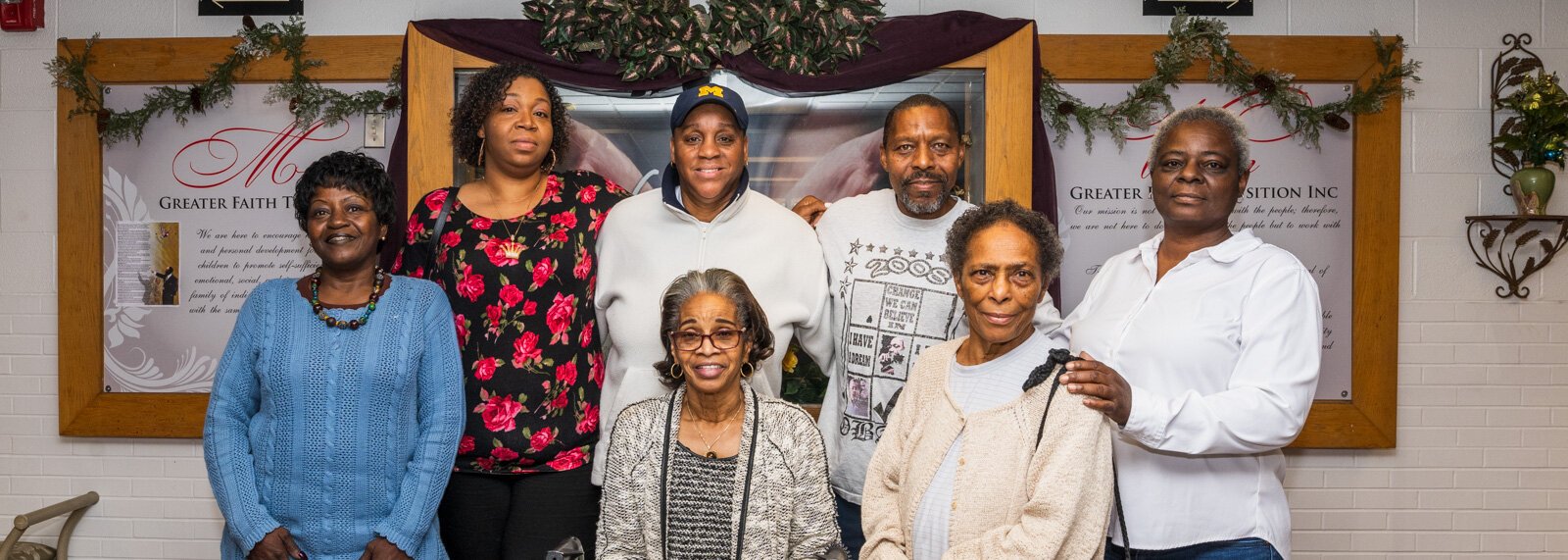 Back row - Patricia Payne, Keenya Payne, Marjorie Marshall, Gregory Fletcher, and Wanda Fletcher, front row Dorothy Ford and Edith Scott at Greater Faith Transition Center.