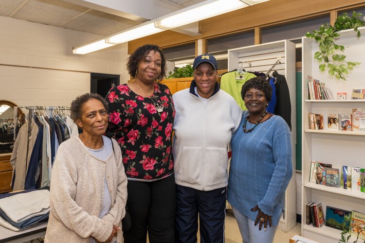 Wanda Fletcher, Keenya Payne, Marjorie Marshall, and Patricia Payne at the Greater Faith Transition Center's women's clothing closet.