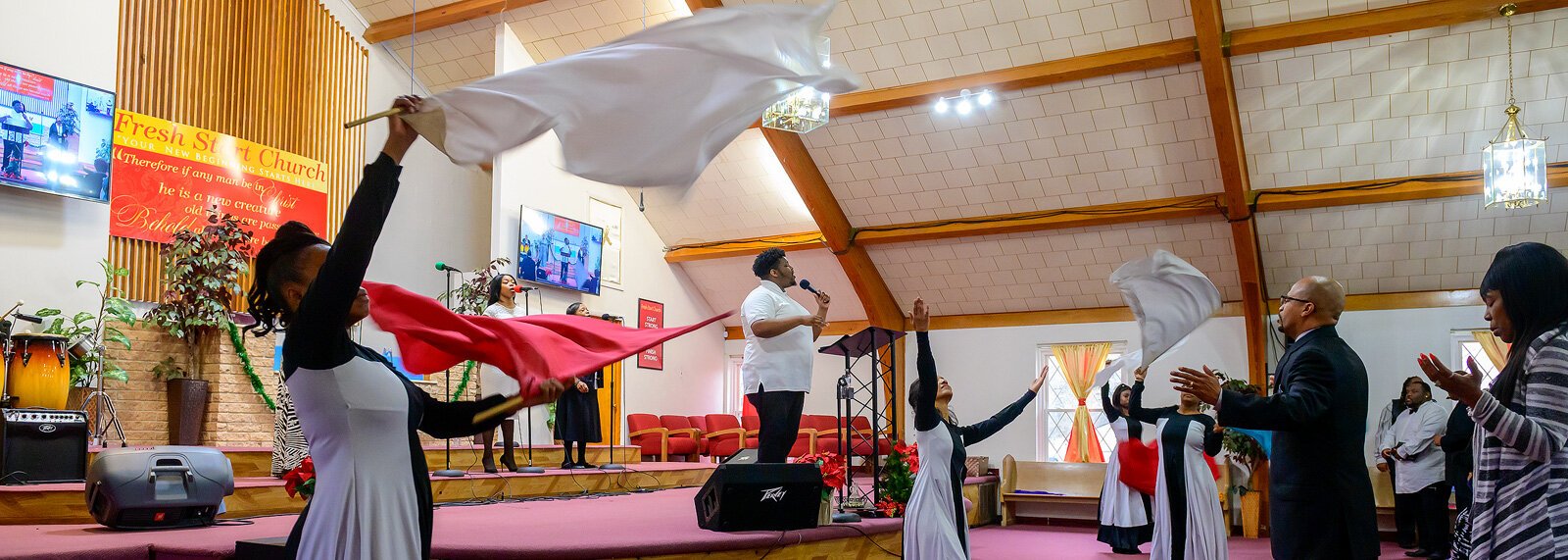 Worship Leader Andre Chatmon leading the Praise Team during Sunday Service at Fresh Start Church.