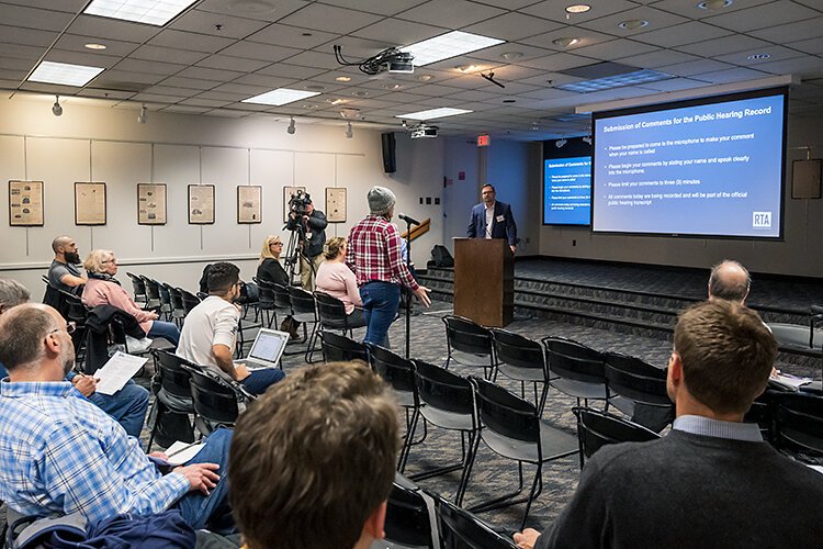 The public hearing for the RTA's Ann Arbor to Detroit pilot express bus service program at the downtown Ann Arbor District Library Branch.